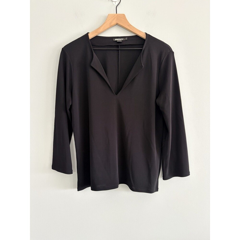 DKNY Blouse Black Womens Size Large 3/4 Sleeve Classic Minimalist